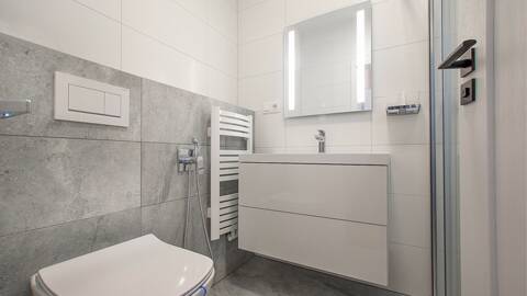Ein modernes Badezimmer im Erholungshaus Lukas am Lipno-See mit einer verglasten Duschnische - Lipno Club